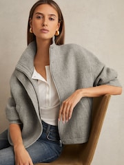 Reiss Grey Phillipa Wool Funnel-Neck Bomber Jacket - Image 1 of 7