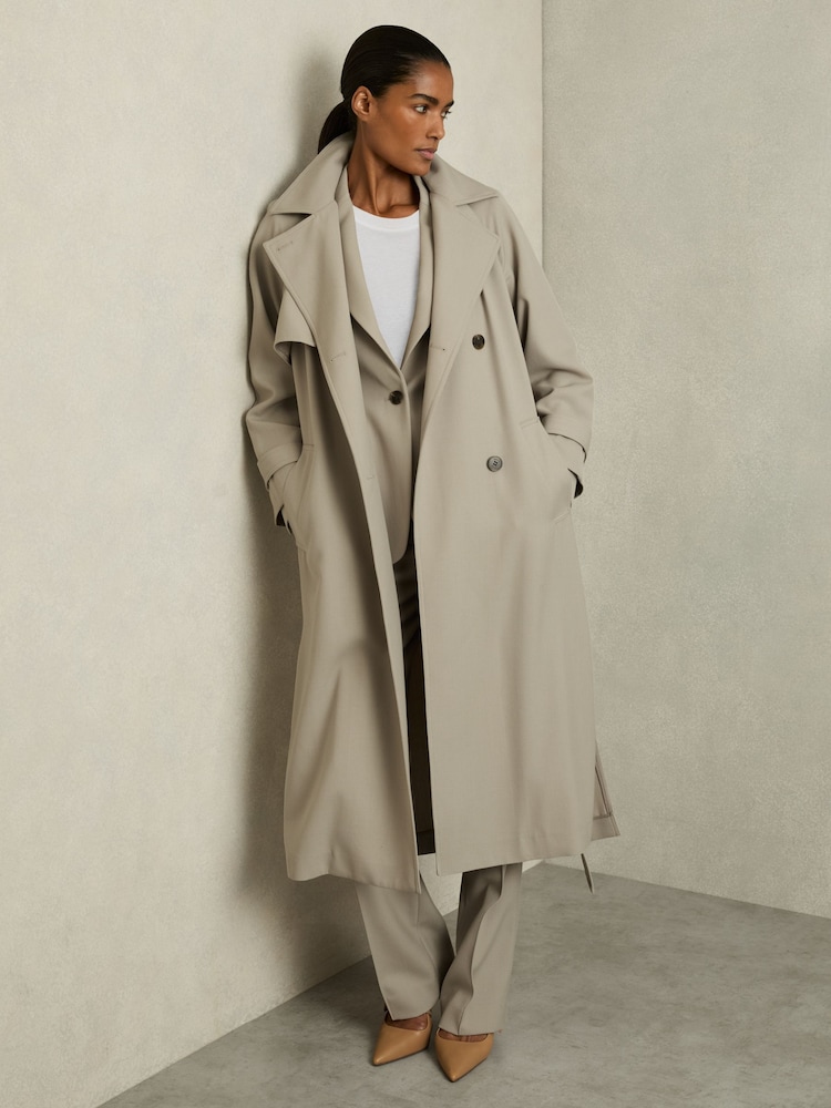 Reiss Neutral Maddox Wool-Blend Double-Breasted Trench Coat - Image 1 of 6