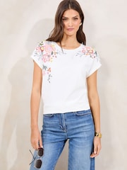Lipsy White Embrodiered Floral with Pearl Detail T-Shirt - Image 1 of 6