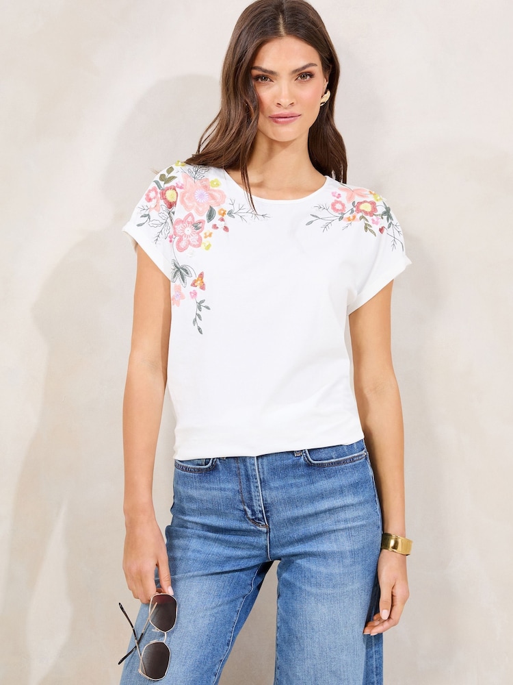 Lipsy White Embrodiered Floral with Pearl Detail T-Shirt - Image 1 of 6