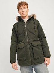 JACK & JONES Green Parka Coat With Faux Fur Jackets - Image 3 of 6
