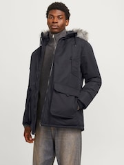 JACK & JONES Black Parka Coat With Faux Fur Jackets - Image 1 of 8