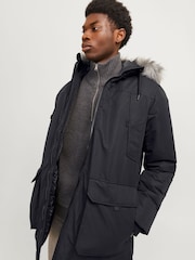 JACK & JONES Black Parka Coat With Faux Fur Jackets - Image 4 of 8