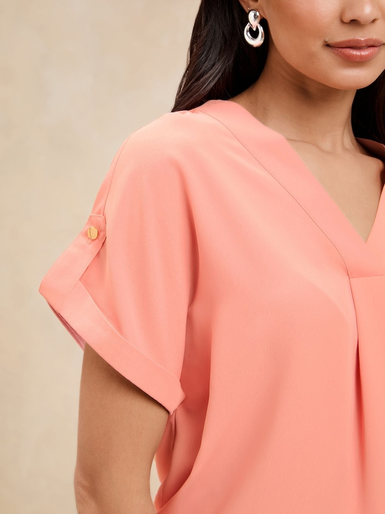 Lipsy Coral Utility V-Neck Short Roll Sleeve Top - Image 2 of 4