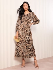 Friends Like These Brown Animal Satin 3/4 Puff Sleeve Midi Dress - Image 1 of 4