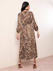 Friends Like These Brown Animal Satin 3/4 Puff Sleeve Midi Dress - Image 3 of 4