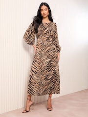 Friends Like These Brown Animal Satin 3/4 Puff Sleeve Midi Dress - Image 4 of 4