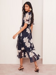 Friends Like These Navy Blue Floral Chiffon Mix Flutter Sleeve Wrap Dress - Image 1 of 4
