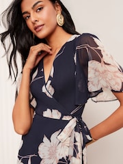 Friends Like These Navy Blue Floral Chiffon Mix Flutter Sleeve Wrap Dress - Image 2 of 4