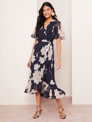 Friends Like These Navy Blue Floral Chiffon Mix Flutter Sleeve Wrap Dress - Image 4 of 4