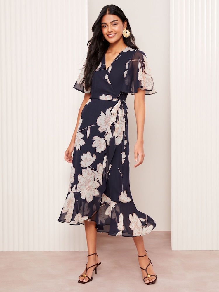 Friends Like These Navy Blue Floral Chiffon Mix Flutter Sleeve Wrap Dress - Image 4 of 4