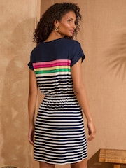 Love & Roses Navy Rainbow Stripe Crew Neck Jersey T-Shirt Mini Dress - Image 4 of 4