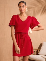 Love & Roses Red Scallop V-Neck Mini 100% Cotton T-Shirt Dress - Image 1 of 4