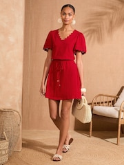 Love & Roses Red Scallop V-Neck Mini 100% Cotton T-Shirt Dress - Image 2 of 4