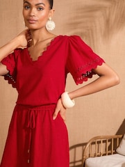 Love & Roses Red Scallop V-Neck Mini 100% Cotton T-Shirt Dress - Image 3 of 4