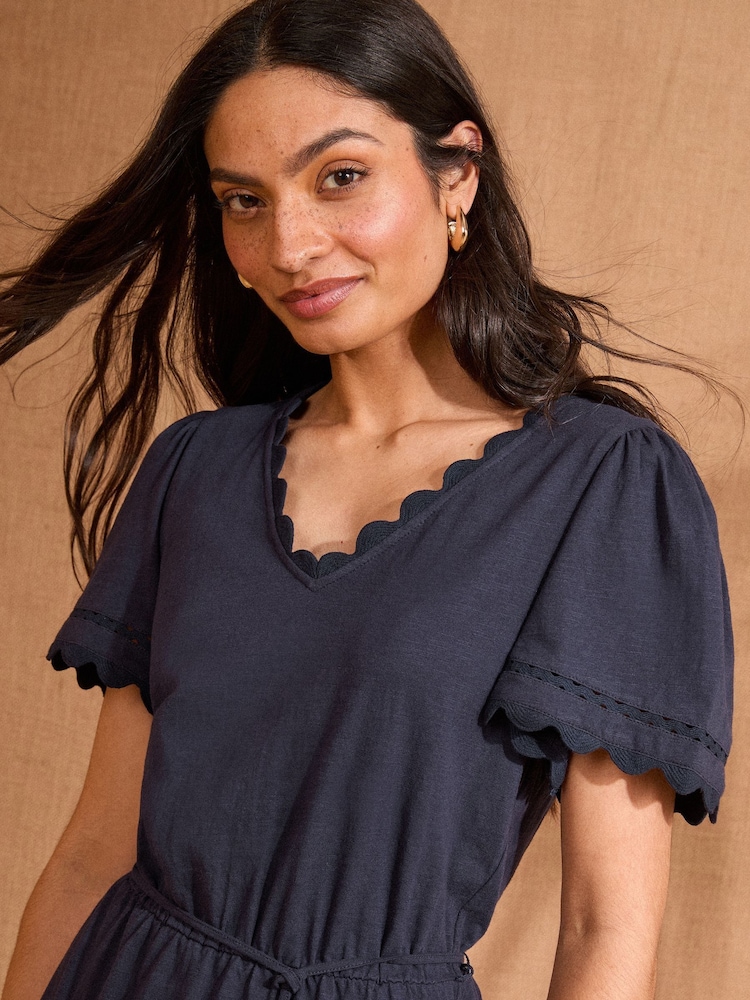 Love & Roses Navy Scallop V-Neck Mini 100% Cotton T-Shirt Dress - Image 2 of 4