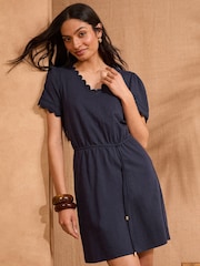 Love & Roses Navy Scallop V-Neck Mini 100% Cotton T-Shirt Dress - Image 3 of 4