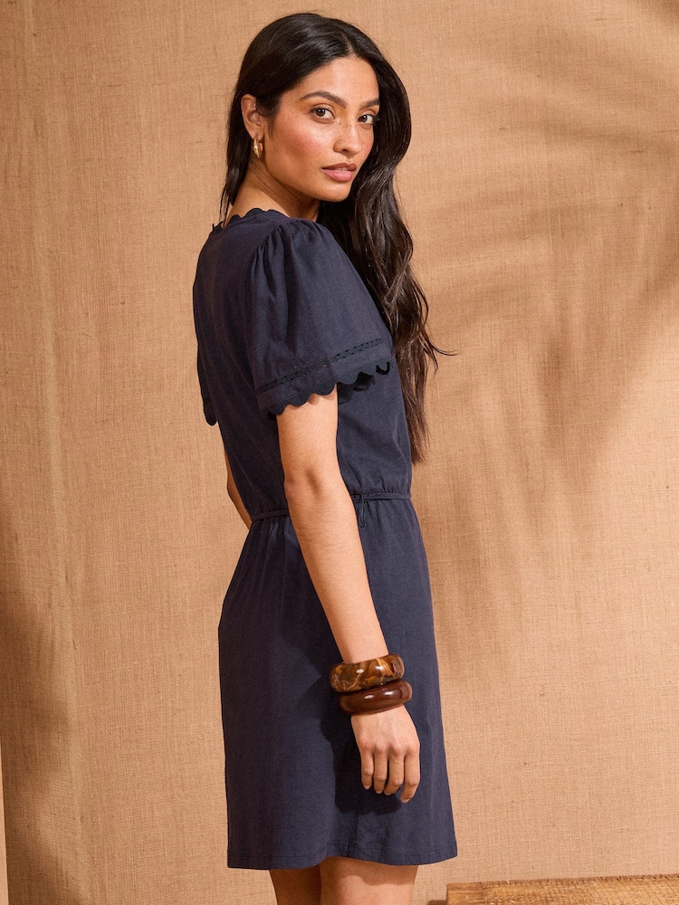 Love & Roses Navy Scallop V-Neck Mini 100% Cotton T-Shirt Dress - Image 4 of 4