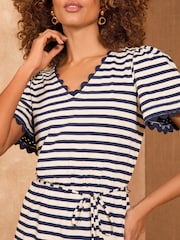Love & Roses Navy Stripe Scallop V-Neck Mini 100% Cotton T-Shirt Dress - Image 3 of 4