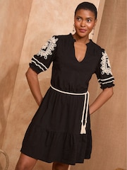 Love & Roses Black Cornelli Belted Petite V-Neck Jersey Mini Dress - Image 3 of 4
