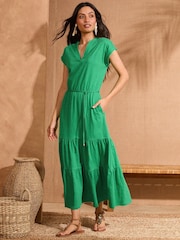 Love & Roses Green 100% Cotton V-Neck Jersey Tiered T-Shirt Midi Dress - Image 1 of 4