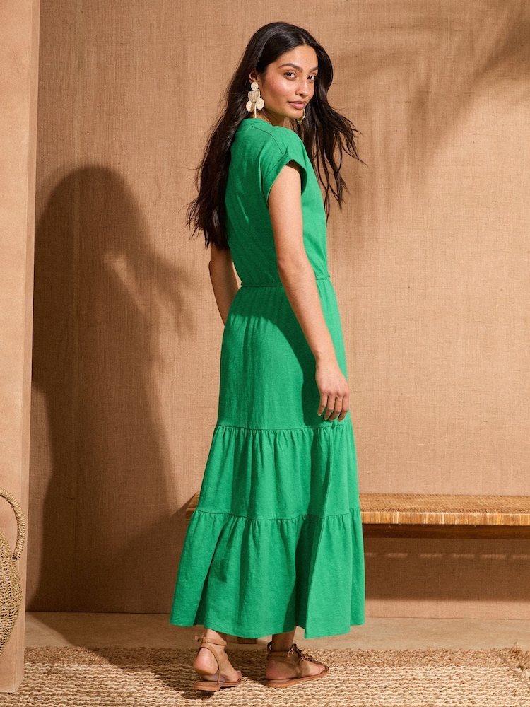 Love & Roses Green 100% Cotton V-Neck Jersey Tiered T-Shirt Midi Dress - Image 3 of 4