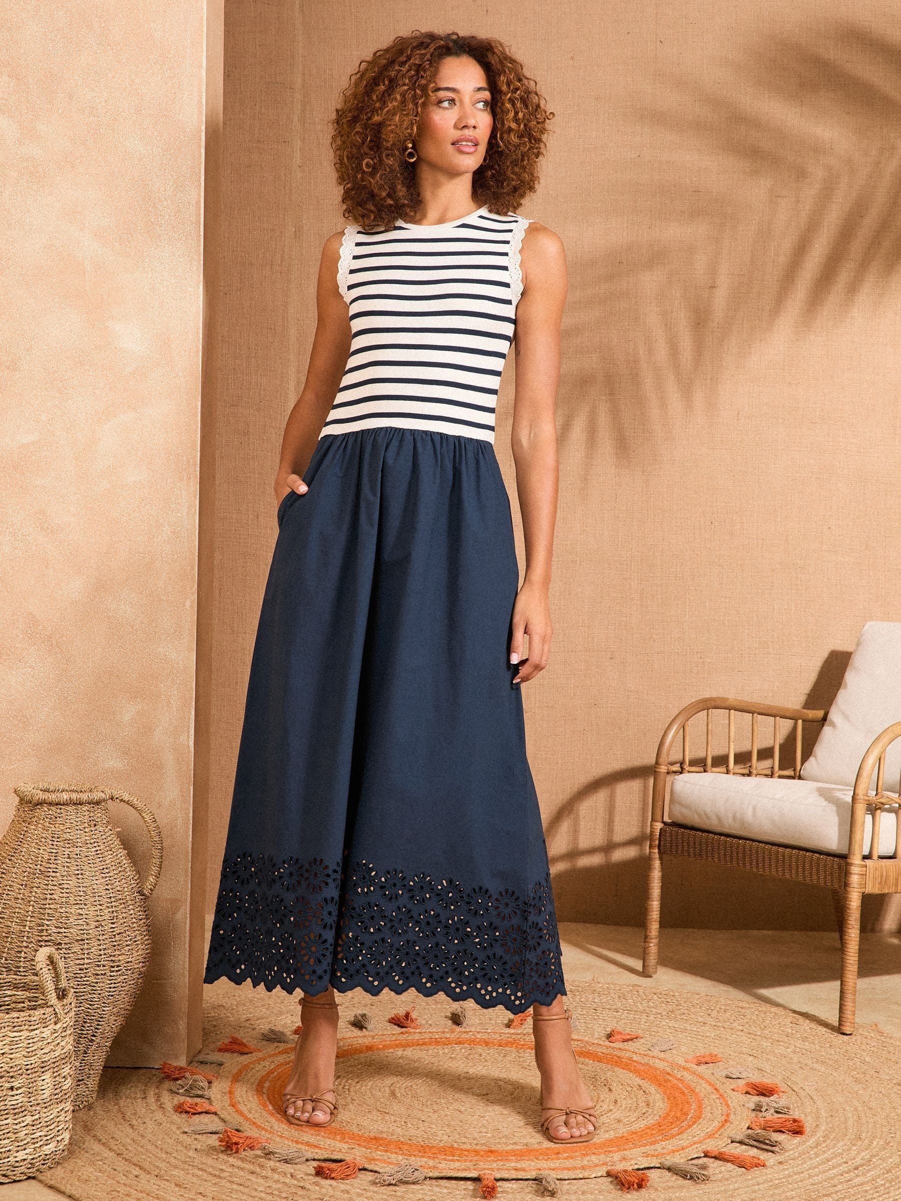 Love & Roses Navy and White Stripe Jersey Broderie Midi Dress