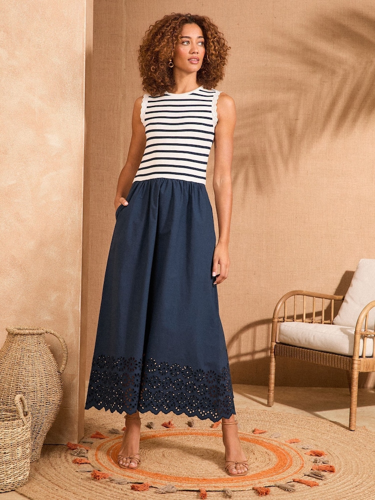 Love & Roses Navy and White Stripe Jersey Broderie Midi Dress - Image 1 of 5
