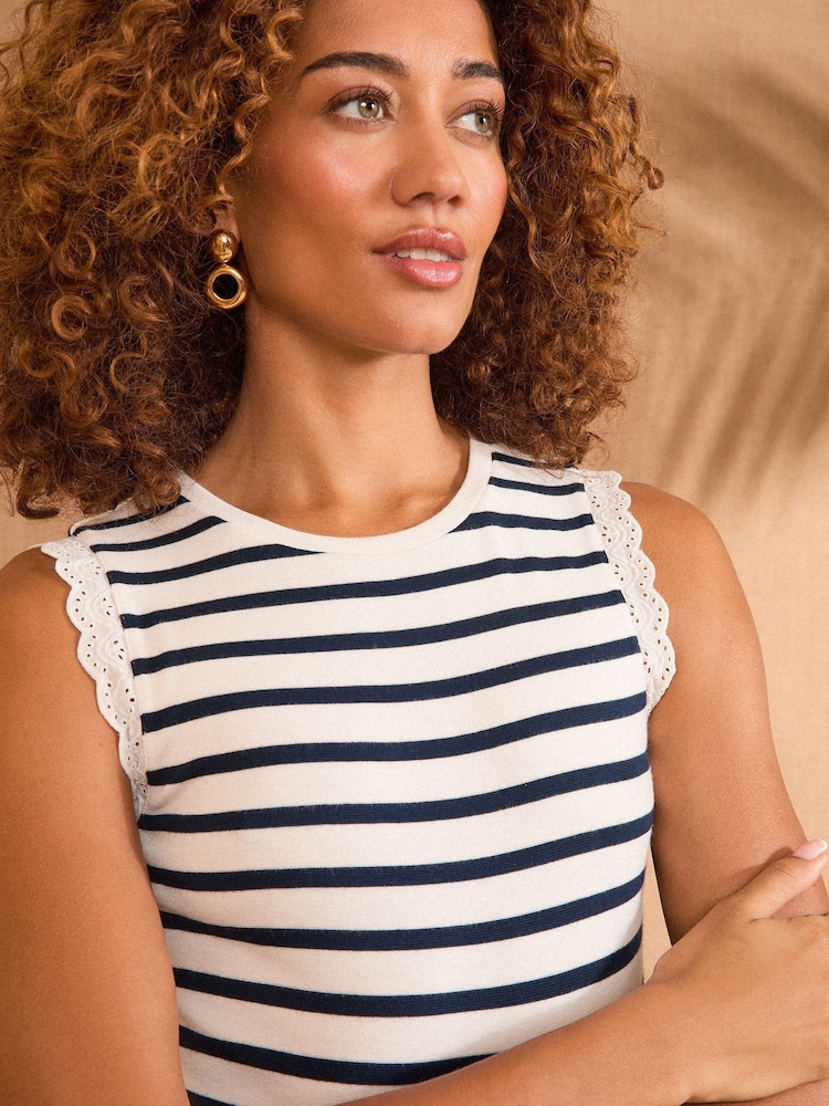 Love & Roses Navy and White Stripe Jersey Broderie Midi Dress - Image 2 of 5
