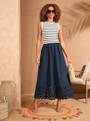 Love & Roses Navy and White Stripe Jersey Broderie Midi Dress - Image 3 of 5