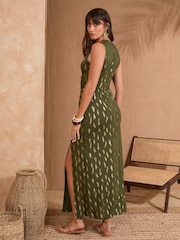 Love & Roses Khaki Green Foil Twist Front Midi Dress - Image 2 of 4