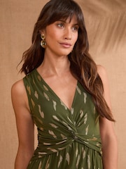 Love & Roses Khaki Green Foil Twist Front Midi Dress - Image 3 of 4