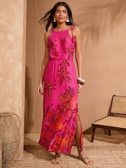Love & Roses Pink Tropical Tie Shoulder Midi Dress - Image 1 of 4