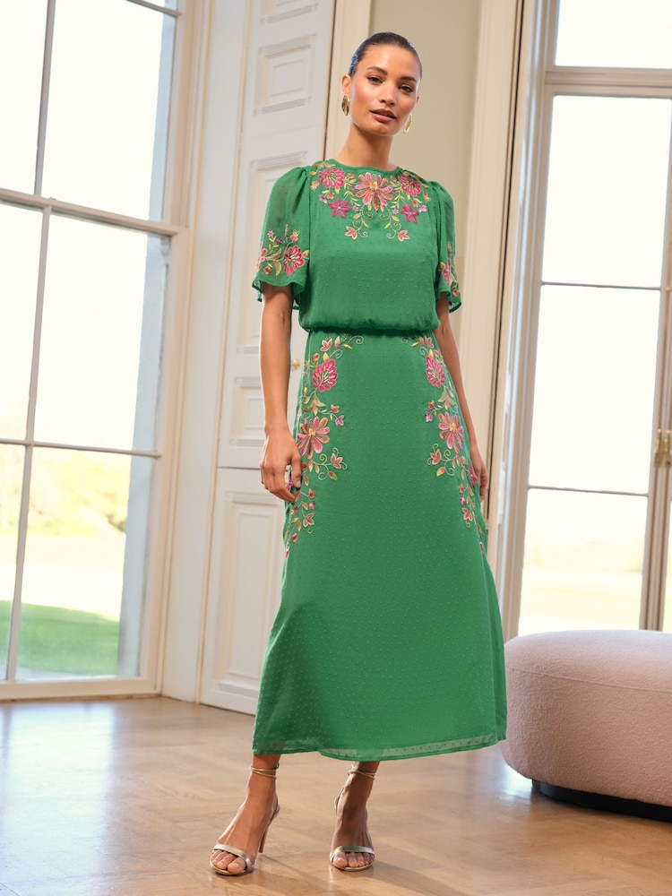 Love & Roses Green Floral Embroidered Crew Neck Angel Sleeve Midi Dress - Image 1 of 5
