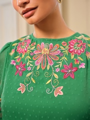 Love & Roses Green Floral Embroidered Crew Neck Angel Sleeve Midi Dress - Image 2 of 5