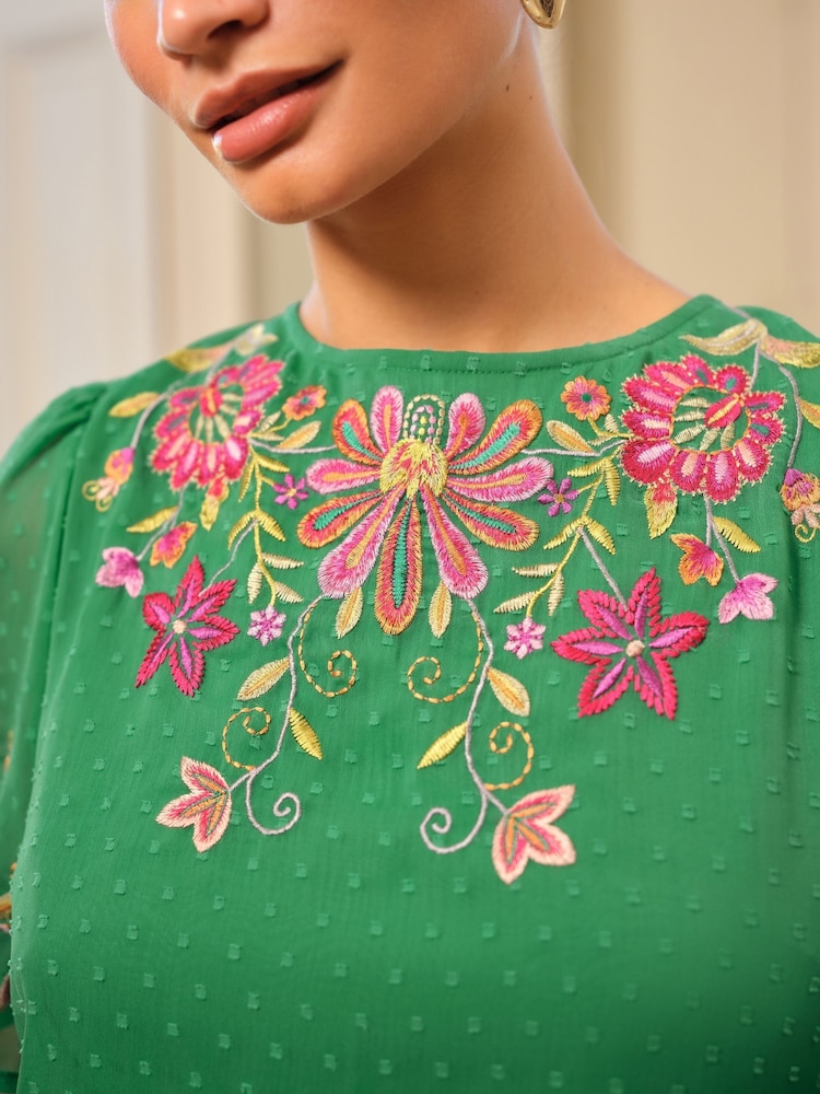 Love & Roses Green Floral Embroidered Crew Neck Angel Sleeve Midi Dress - Image 2 of 5