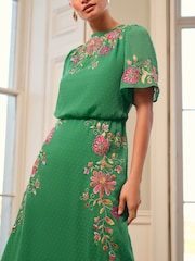 Love & Roses Green Floral Embroidered Crew Neck Angel Sleeve Midi Dress - Image 3 of 5