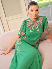 Love & Roses Green Floral Embroidered Crew Neck Angel Sleeve Midi Dress - Image 5 of 5