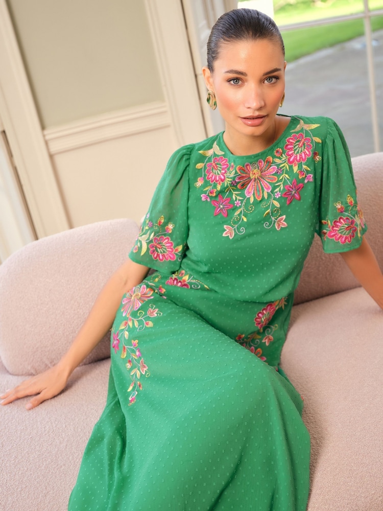 Love & Roses Green Floral Embroidered Crew Neck Angel Sleeve Midi Dress - Image 5 of 5