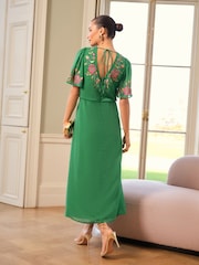 Love & Roses Green Floral Petite Embroidered Crew Neck Angel Sleeve Midi Dress - Image 4 of 5