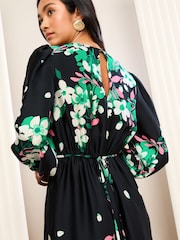 Friends Like These Black Petite Satin 3/4 Puff Sleeve Midi Dress - Image 3 of 5