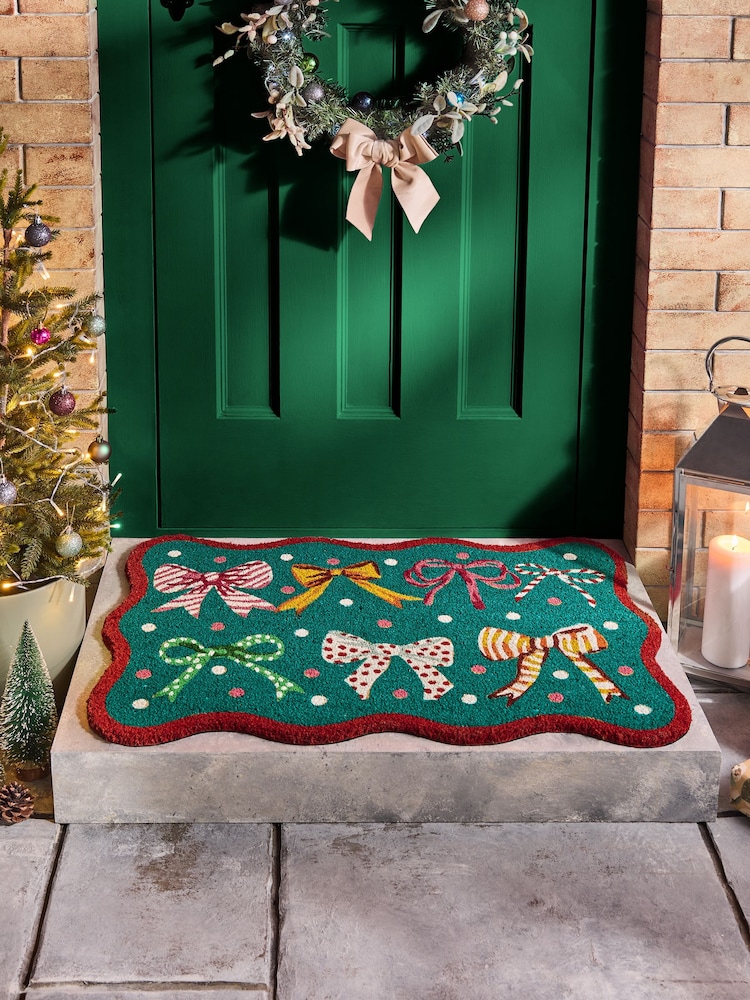 Lucy Tiffney Green Christmas Bows Scallop Doormat - Image 1 of 5