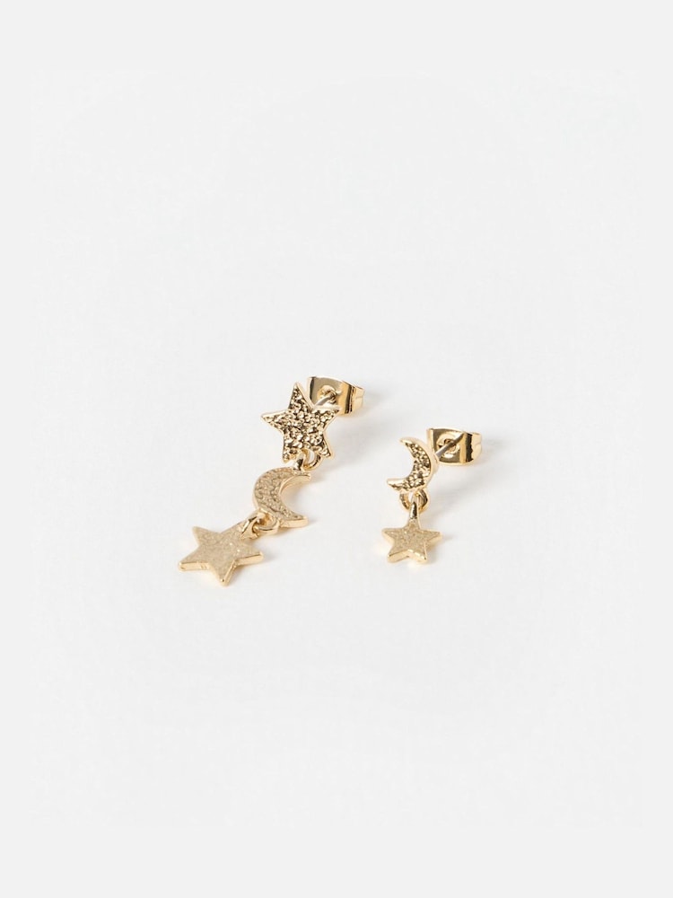 Oliver Bonas Gold Tone Ara Mismatch Moon and Star Drop Earrings - Image 1 of 4 Oliver Bonas Gold Tone Ara Mismatch Moon and Star Drop Earrings - Image 1 of 4