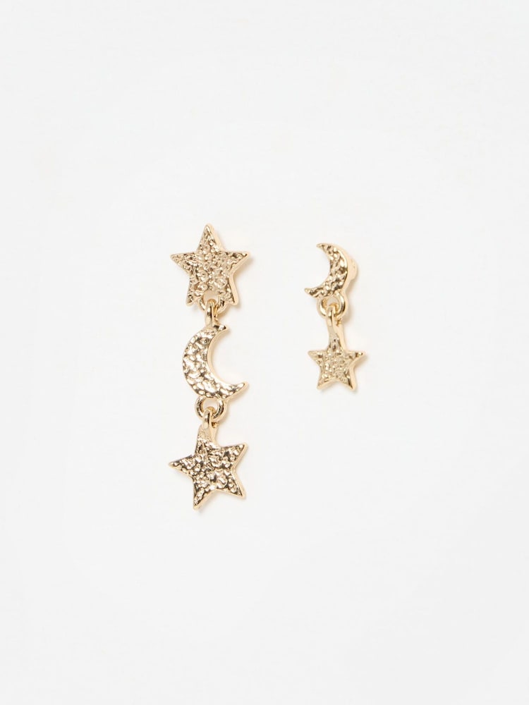 Oliver Bonas Gold Tone Ara Mismatch Moon and Star Drop Earrings - Image 2 of 4 Oliver Bonas Gold Tone Ara Mismatch Moon and Star Drop Earrings - Image 2 of 4