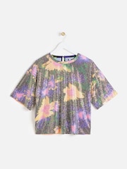 Oliver Bonas Purple Abstract Floral Purple Sequin T-Shirt - Image 1 of 6