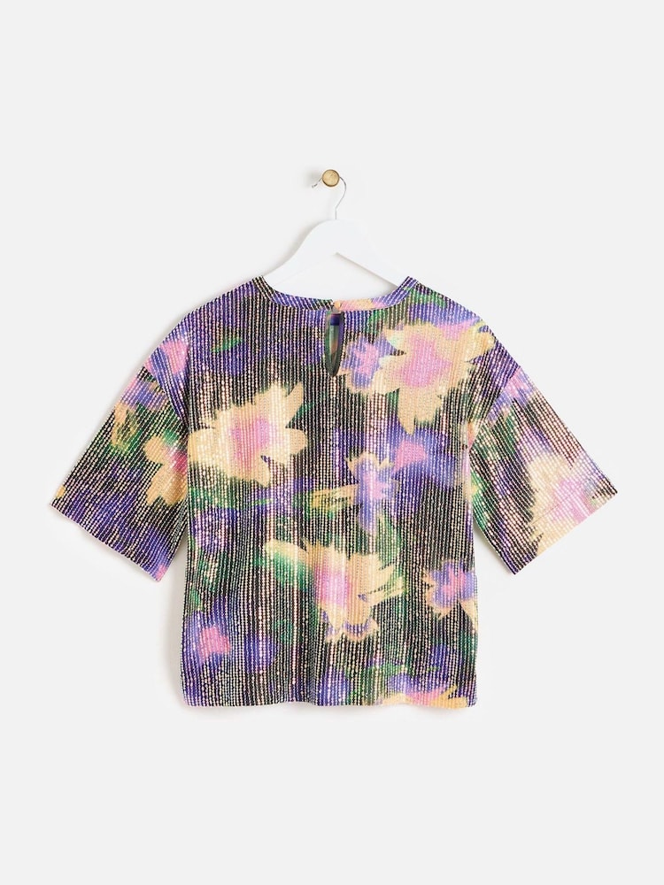 Oliver Bonas Purple Abstract Floral Purple Sequin T-Shirt - Image 2 of 6 Oliver Bonas Purple Abstract Floral Purple Sequin T-Shirt - Image 2 of 6
