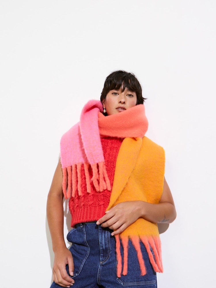 Oliver Bonas Orange and Pink Colour Block Heavyweight Scarf - Image 5 of 5