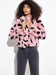 Oliver Bonas Pink And Black Spotty Faux Fur Coat - Image 1 of 9