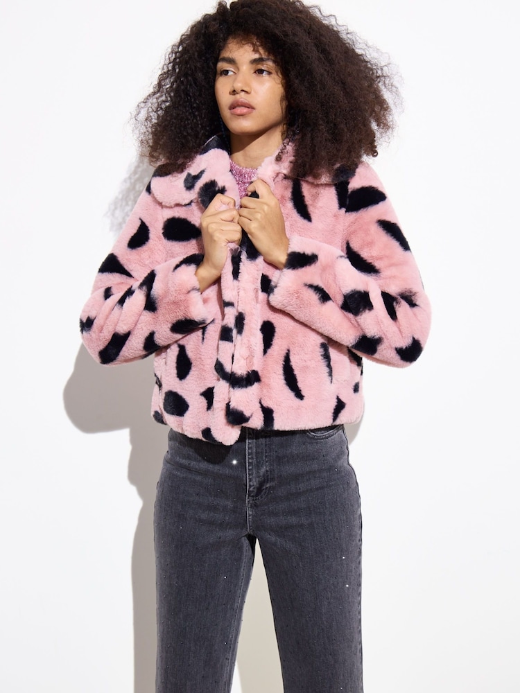 Oliver Bonas Pink And Black Spotty Faux Fur Coat - Image 1 of 9