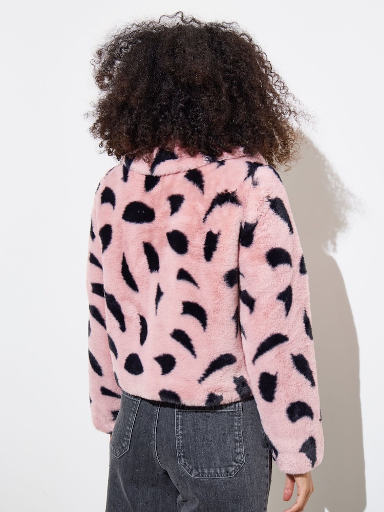 Oliver Bonas Pink And Black Spotty Faux Fur Coat - Image 2 of 9